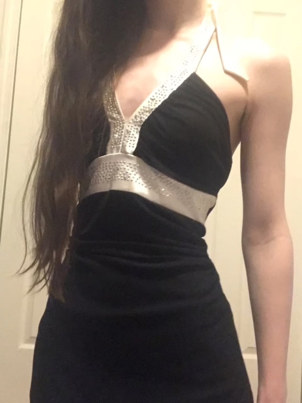 Y2k black and white dress high low halter neck Rhinestone maxi prom hoco dance